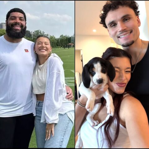 Left: a bearded man and woman smile at the camera outdoors on a grassy football field, arms around each other.