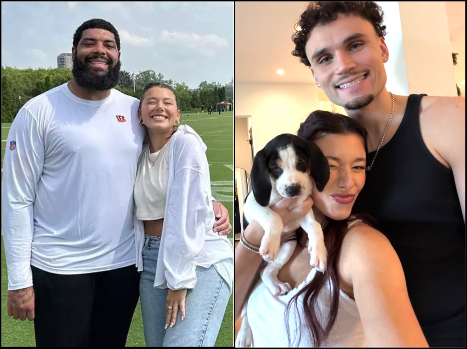 Left: a bearded man and woman smile at the camera outdoors on a grassy football field, arms around each other.