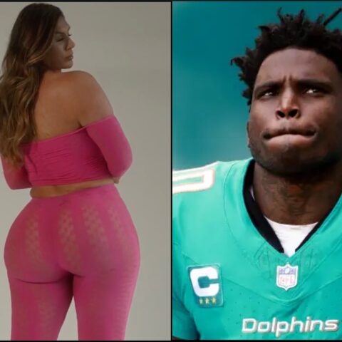 Woman in a pink off-shoulder workout set posed with back to camera on left; right panel shows a Miami Dolphins football player in teal jersey looking upward.