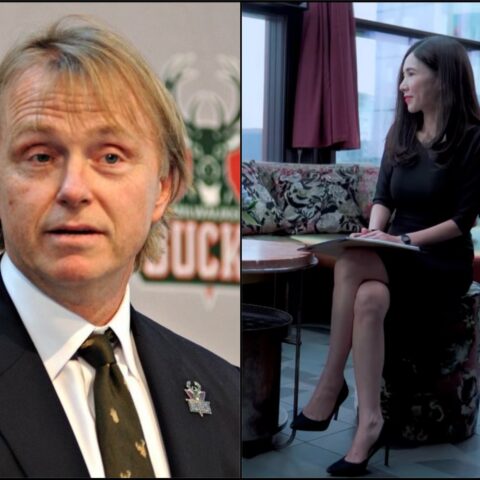 Left: man in a suit at a formal event; right: woman in a black dress sitting with a notebook in a lounge area.