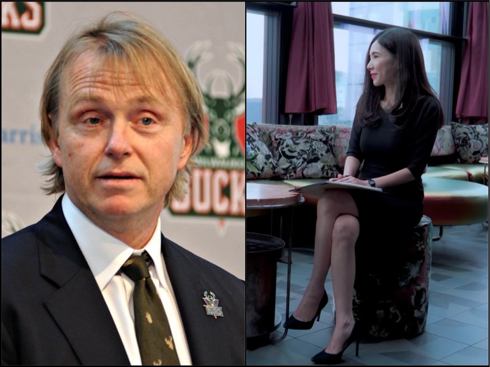 Left: man in a suit at a formal event; right: woman in a black dress sitting with a notebook in a lounge area.