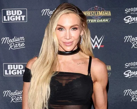 Portrait of a blonde woman posing on a red carpet at a WWE event, wearing a black sheer top and choker, with sponsor logos in the background.