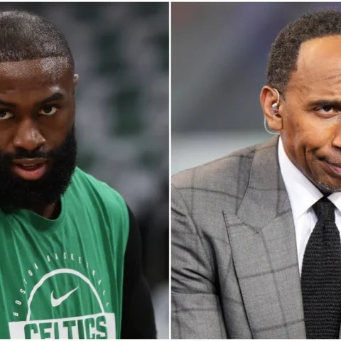 Left: a muscular basketball player wearing a green Celtics practice shirt, looking intently at the camera. Right: a sports commentator in a gray suit with a headset microphone, making a skeptical expression.