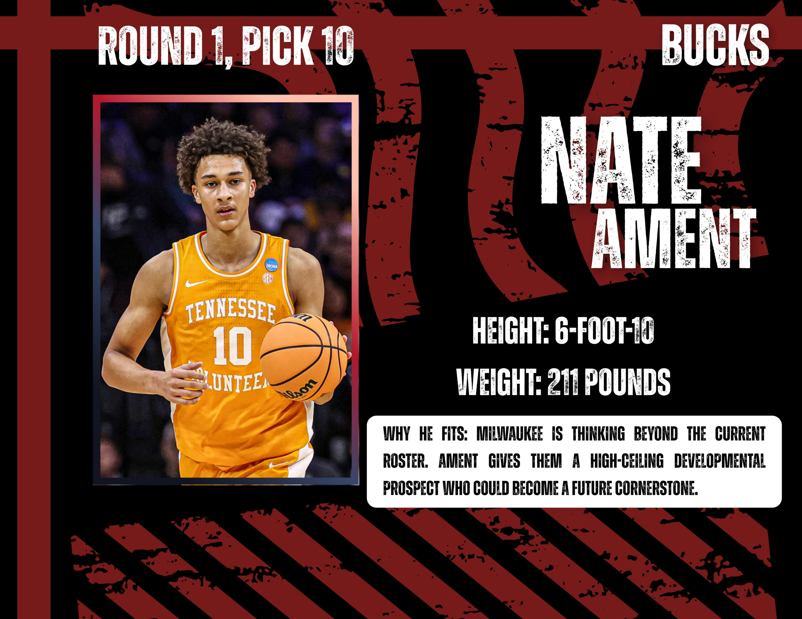 Portrait of a Tennessee Volunteers basketball player wearing an orange jersey, framed on a bold poster with ‘ROUND 1, PICK 10’ and stats (Height 6-10, Weight 211 lbs).