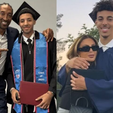 Two-panel photo: left shows a graduate in cap and blue stole with a man in a suit; right shows the graduate hugging a woman outdoors.