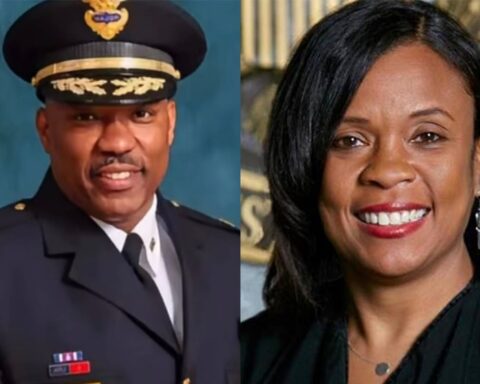 Side-by-side portraits: a man in formal military dress uniform on the left and a smiling woman in black on the right.