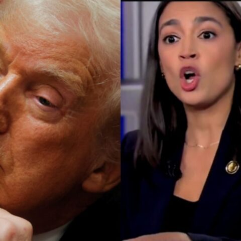 Split-screen: left shows a man with blond hair resting his chin, right shows a woman in a dark blazer speaking emphatically.