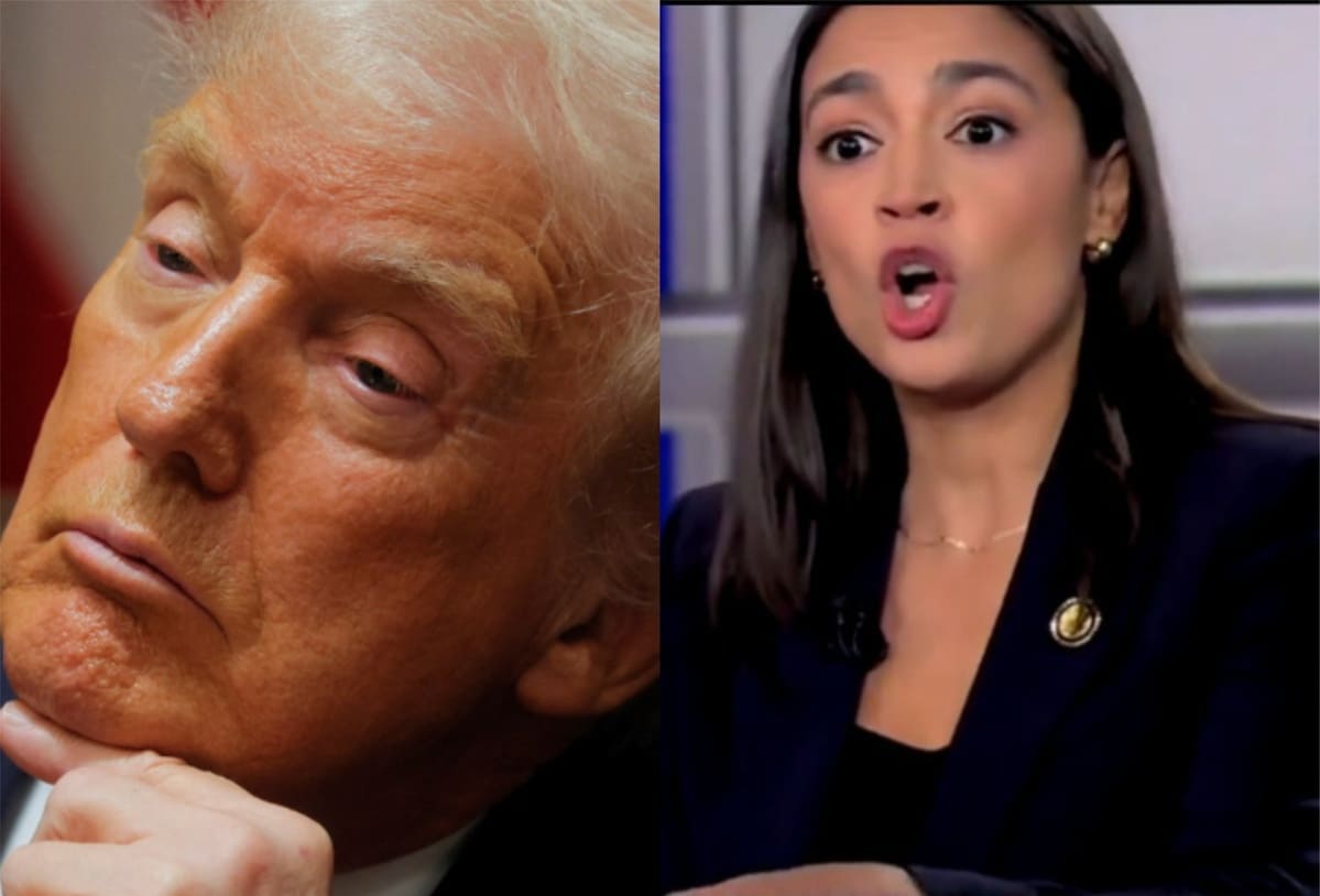 Split-screen: left shows a man with blond hair resting his chin, right shows a woman in a dark blazer speaking emphatically.