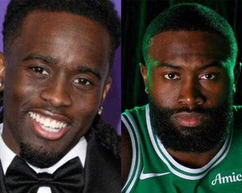 Two men pictured side by side: left wearing a black tuxedo and bow tie, smiling against a purple background; right wearing a green basketball jersey with a full beard, against a dark backdrop.