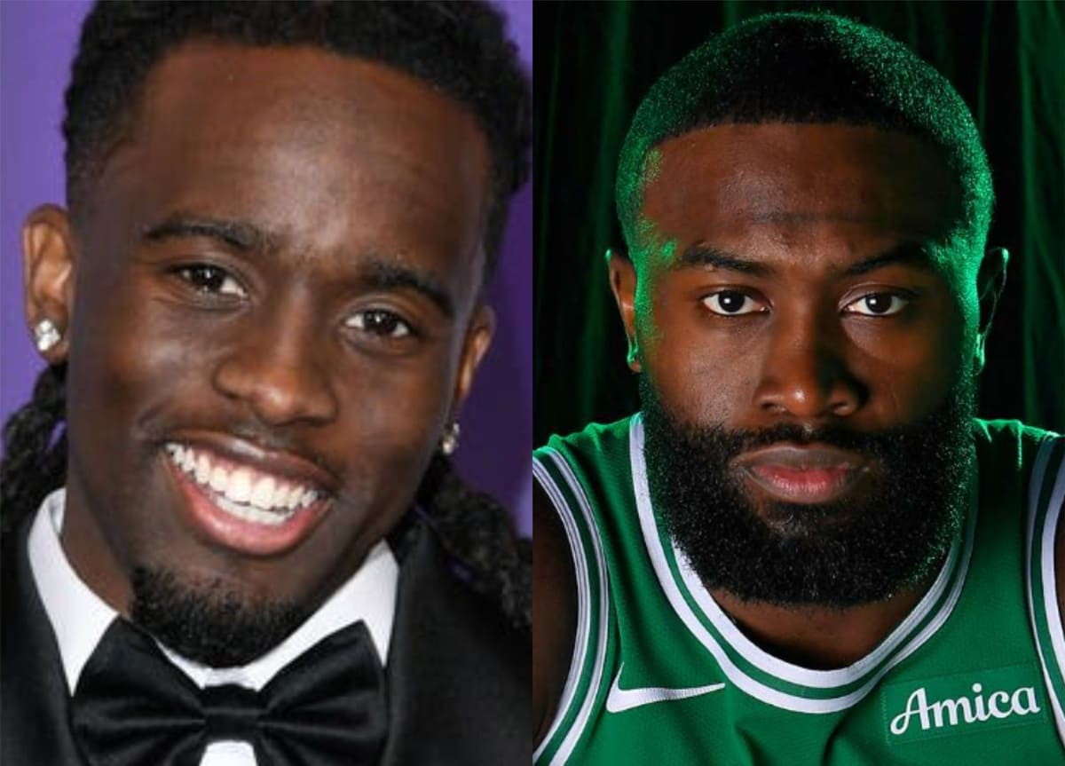 Two men pictured side by side: left wearing a black tuxedo and bow tie, smiling against a purple background; right wearing a green basketball jersey with a full beard, against a dark backdrop.