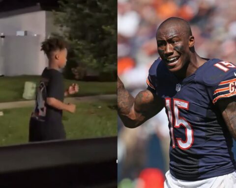 Left: a young boy running in a suburban yard with a backpack; right: an NFL player in a Bears jersey celebrating on the field.