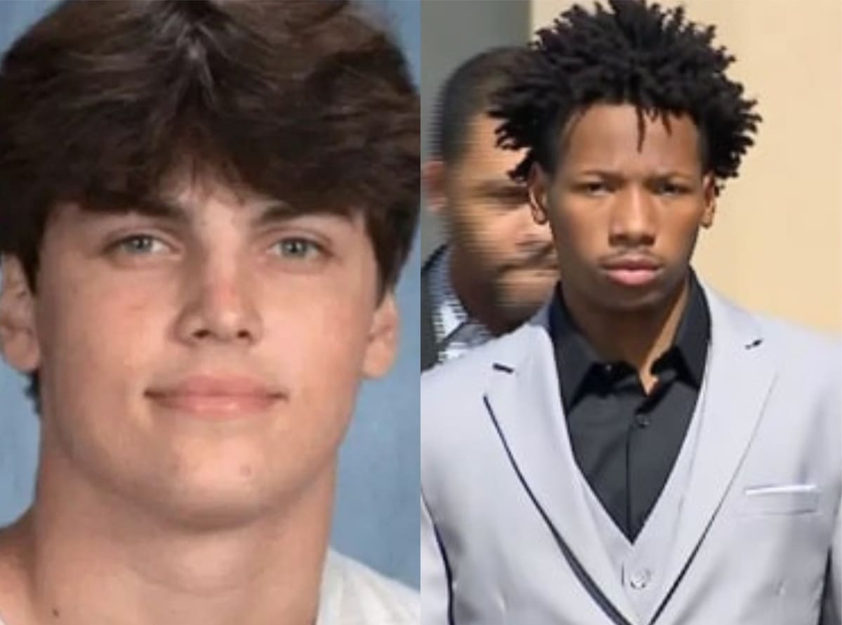 Side-by-side image of two young men: left with brown hair and a neutral background, right wearing a light gray suit and black shirt looking forward.