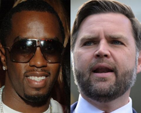 Split image of two men: left a smiling man wearing dark sunglasses and a chain; right a bearded man speaking with an open mouth.