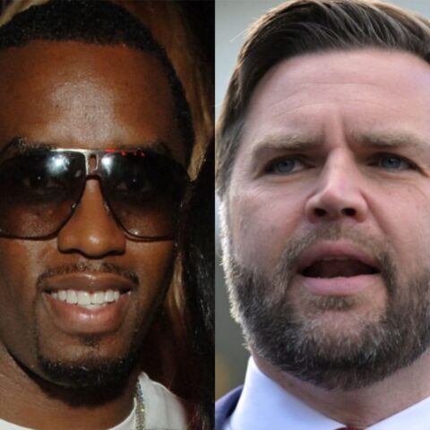 Split image of two men: left a smiling man wearing dark sunglasses and a chain; right a bearded man speaking with an open mouth.