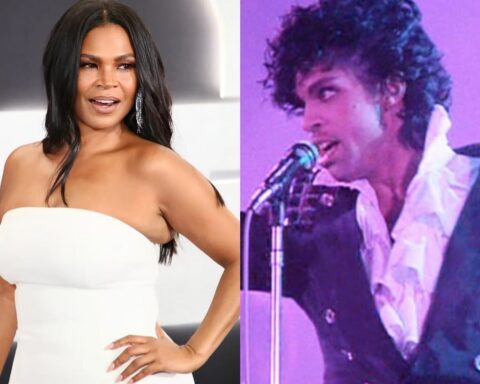 Collage of Oprah Winfrey in a white strapless dress on the left and Elvis Presley singing into a microphone on a purple-lit stage on the right.