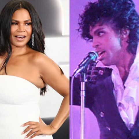 Collage of Oprah Winfrey in a white strapless dress on the left and Elvis Presley singing into a microphone on a purple-lit stage on the right.