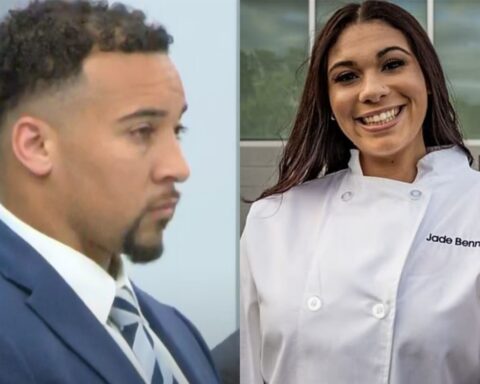Split image: man in a navy suit on the left and a smiling woman in a white chef coat named Jade Benning on the right