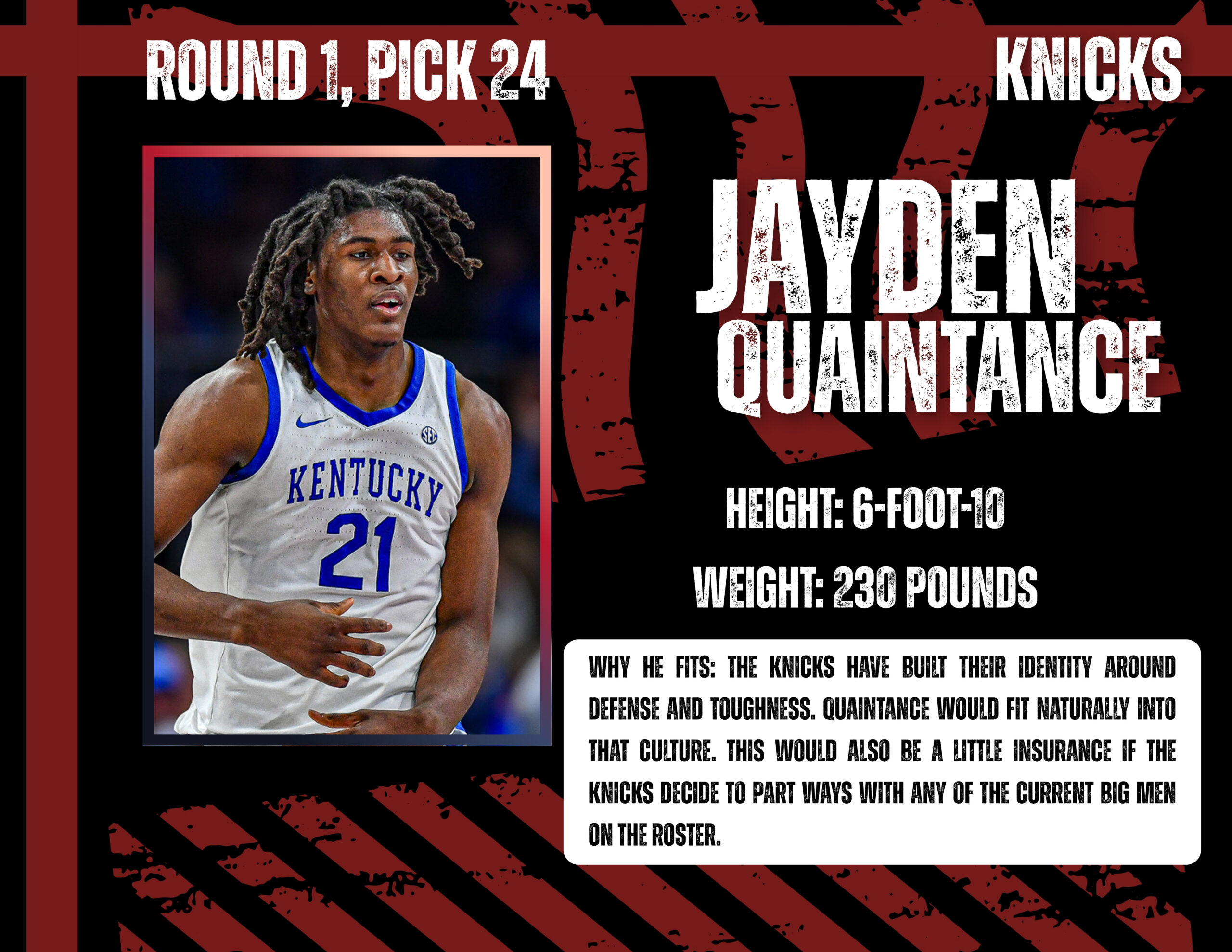 Graphic about a basketball player drafted Round 1, Pick 24 for the Knicks, featuring a Kentucky player wearing jersey number 21 on the left.
