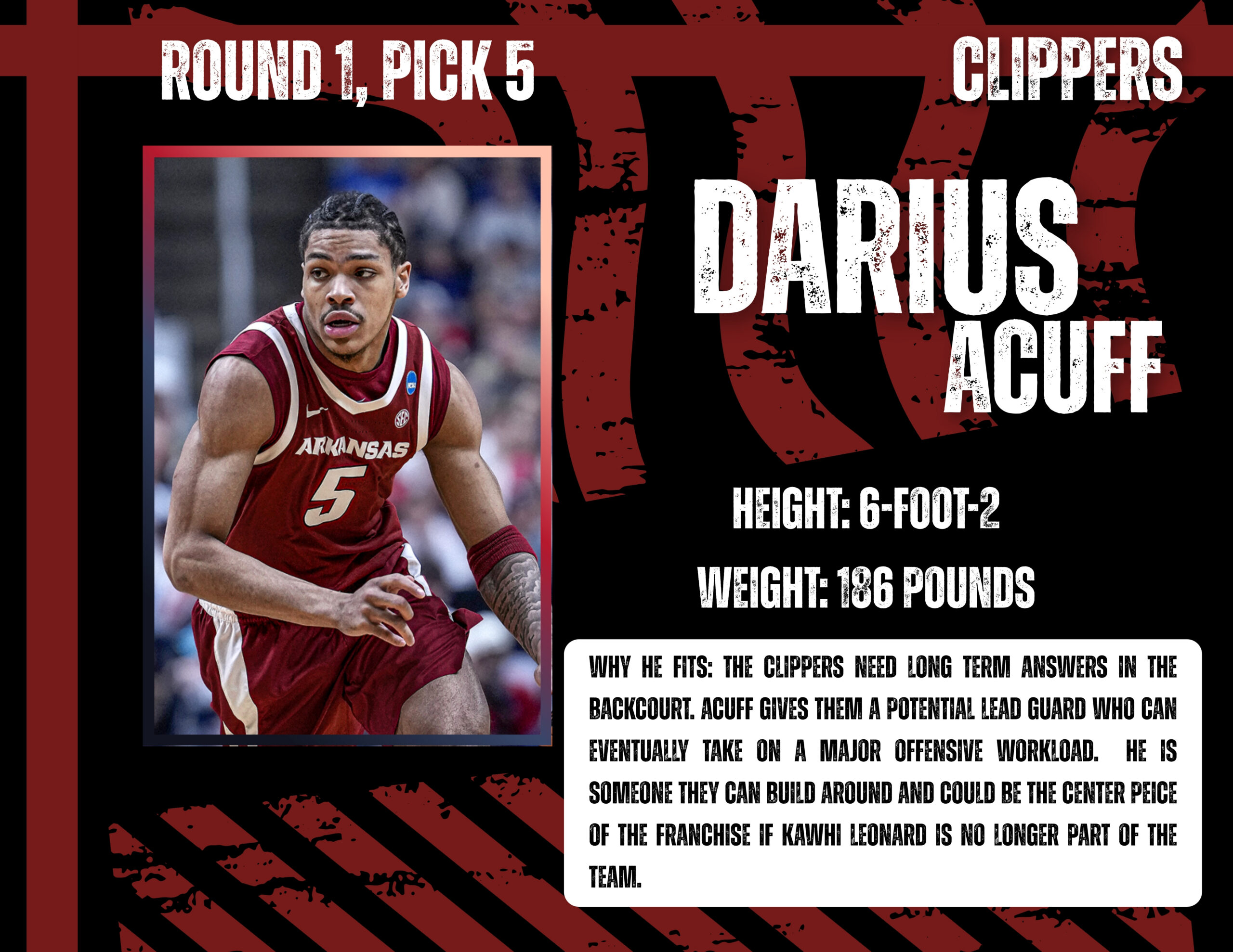 Portrait of a University of Arkansas basketball player in maroon uniform (#5) on a poster that says 'Round 1, Pick 5' with Clippers and Danks/Agué text in the background.