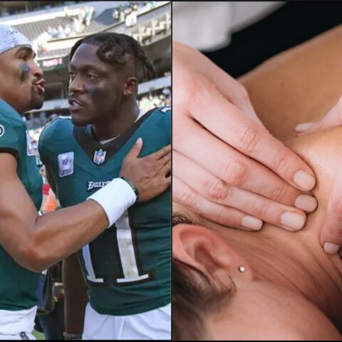 Two Philadelphia Eagles players in uniform hug and celebrate on the field. Left panel shows teammates in teal jerseys. Right panel shows hands massaging a person’s neck/shoulder.