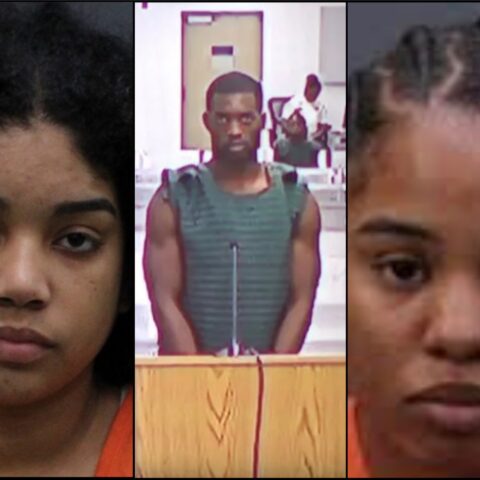 Triptych mugshot collage: left a young woman with curly hair, middle a man in a courtroom stand, right a close-up of another man.