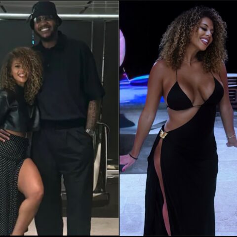 Left: a woman in a black leather jacket and polka‑dot skirt posing with a tall man in black backstage or hallway; she smiles and lifts her leg slightly. Right: a woman in a black evening gown with a high slit and cutouts posing at a party, pink balloons in the background, smiling.