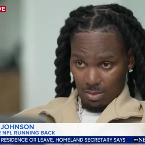 ABC News exclusive screenshot of Chris Johnson, former NFL running back, speaking during an interview, with GMA logo and lower third caption showing his name and title.