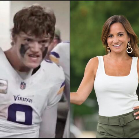 Two-panel collage: left shows a Vikings football player with black face paint; right shows a smiling woman in a white tank top outdoors.