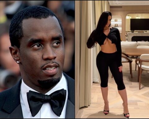 Left: close-up of a man in a black tuxedo looking to the side. Right: woman in a black cut-out top and leggings posing in a modern living room.