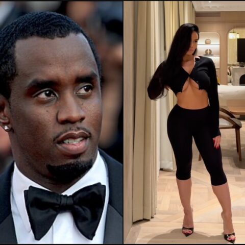 Left: close-up of a man in a black tuxedo looking to the side. Right: woman in a black cut-out top and leggings posing in a modern living room.