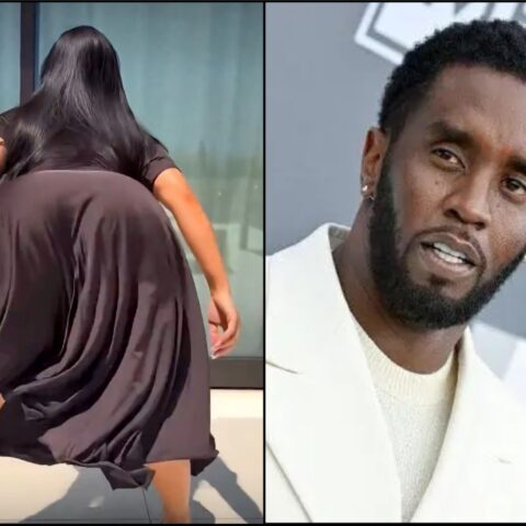 Two-panel collage: left panel shows a woman in a dark dress leaning forward, backsides toward the camera outdoors; right panel shows a man in a light blazer smiling at the camera in a studio setting.