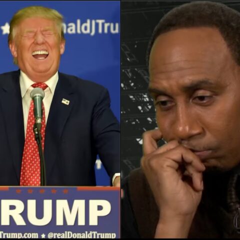 Left: Donald Trump laughing at a podium with a blue backdrop; right: a contemplative Black man on a phone, hand to mouth.