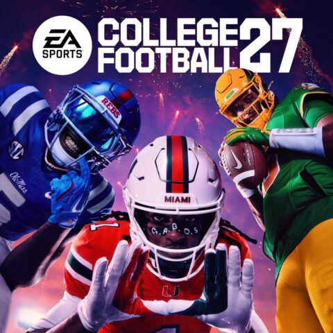 Promo cover for EA Sports College Football 27 showing three football players in colorful uniforms and helmets.