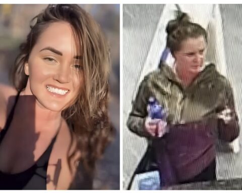 Side-by-side image: left a smiling woman in sunlight; right a person in a green jacket holding a bottle, with heavy motion blur.