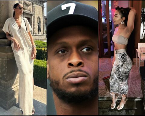Three-panel collage: left—woman in a beige striped dress beside a stone monument; center—man in a cap with the number 7; right—woman in a gray tube top and palm-pattern skirt indoors.