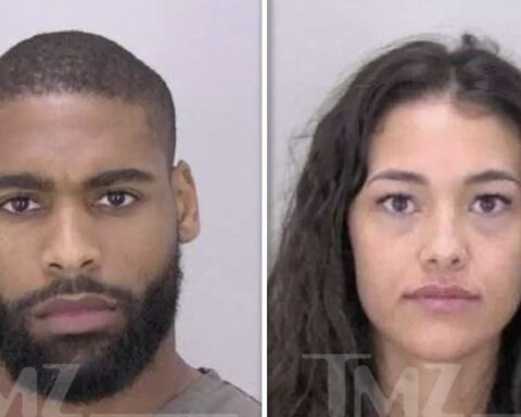 Side-by-side mugshots: left is a bearded man with short-cropped hair, right is a woman with long dark hair.