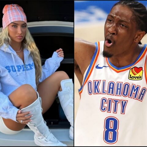 Left: blonde woman in a pink plaid beanie and light blue hoodie sits in the open trunk of a car, wearing white sneakers. Right: basketball player in an Oklahoma City Thunder jersey celebrates with mouth open.