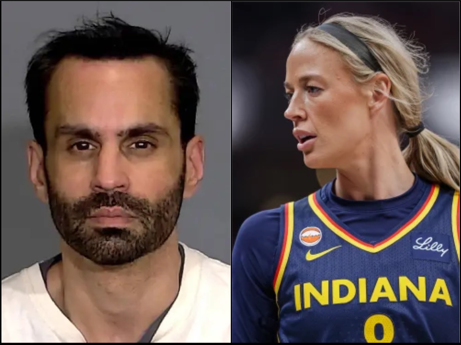 Split image: mugshot of a man with dark hair and beard on the left, gray background; on the right, a female basketball player in an Indian national team jersey with a ponytail.
