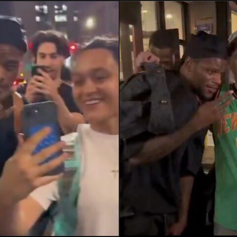 Split-screen: left panel shows three friends taking a selfie on a lit city street at night; foreground man holds a phone toward the camera. Right panel shows a man in a green New York basketball jersey (number 7) posing with other people nearby at night outside a building.