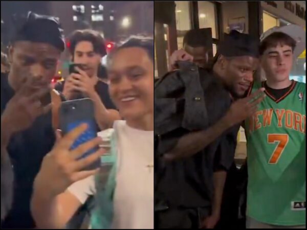 Split-screen: left panel shows three friends taking a selfie on a lit city street at night; foreground man holds a phone toward the camera. Right panel shows a man in a green New York basketball jersey (number 7) posing with other people nearby at night outside a building.