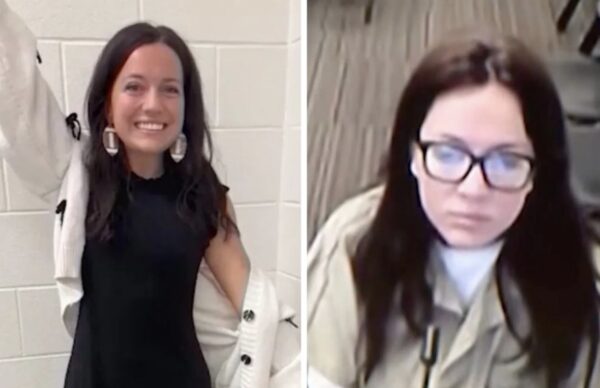 Split-screen video call: left a smiling woman in a black dress with a white cardigan draped over her shoulders; right a woman with dark hair and glasses wearing a beige jacket.