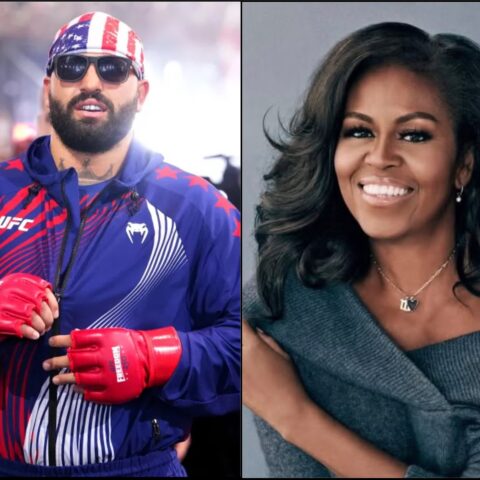 Side-by-side photo: a man in a blue and red UFC jacket, red gloves, sunglasses, and an American-flag bandana on the left; a smiling woman in a gray off-the-shoulder sweater on the right.