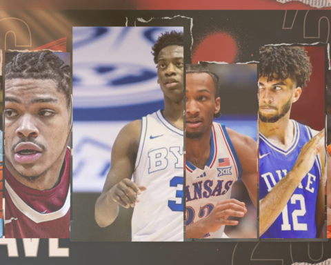 Collage of six college basketball players in action, overlapping panels with team jerseys (North Carolina, BYU, Kansas, Duke, Illinois)