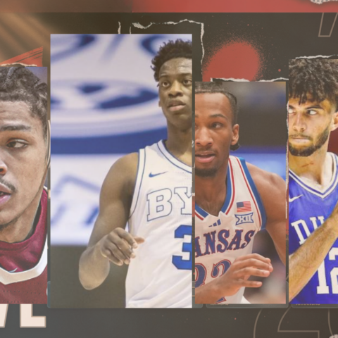 Collage of six college basketball players in action, overlapping panels with team jerseys (North Carolina, BYU, Kansas, Duke, Illinois)