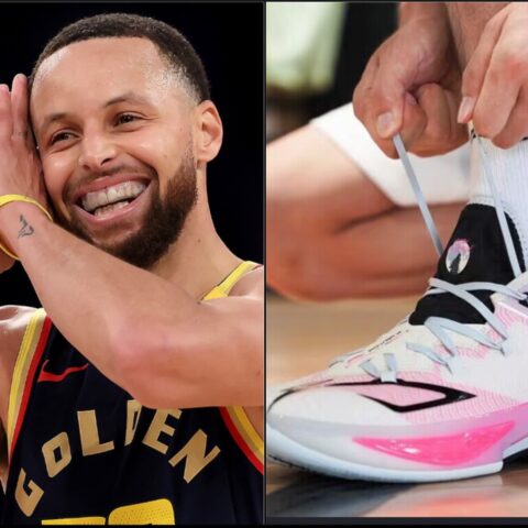 Smiling basketball player in a Golden State Warriors jersey with hands pressed together near the ear (collage left panel).