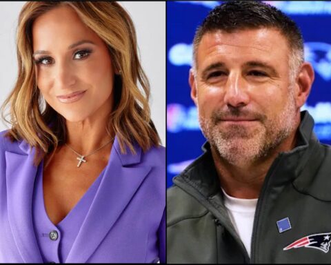 Split image: left panel shows a smiling woman with shoulder-length blond hair wearing a purple blazer and a cross necklace; right panel shows a man with short hair and stubble in a dark jacket against a blue background.