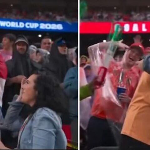 Fans celebrate at a FIFA World Cup match; on the left, a crowd cheers while a woman in a denim jacket looks up, and a man in red hat holds a flag. On the right, two fans hug in celebration amidst cheering spectators.