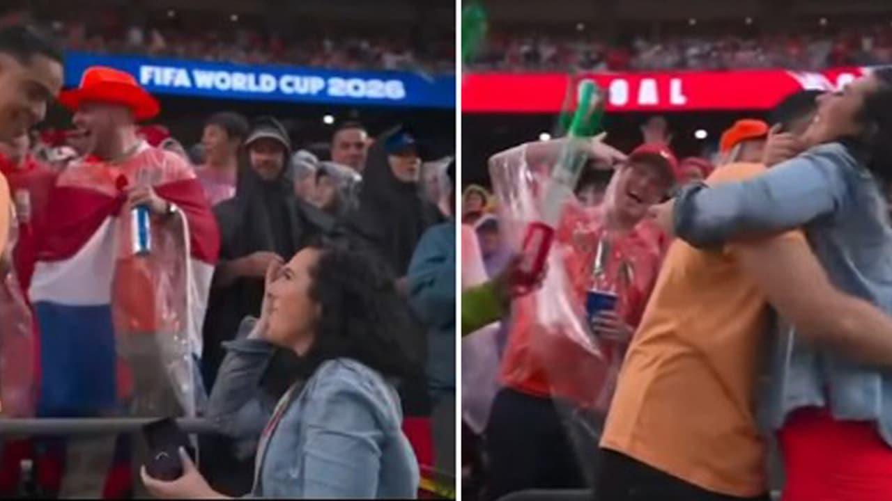 Fans celebrate at a FIFA World Cup match; on the left, a crowd cheers while a woman in a denim jacket looks up, and a man in red hat holds a flag. On the right, two fans hug in celebration amidst cheering spectators.