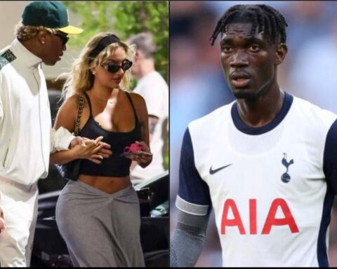 Left image shows a man in a white tracksuit and green cap walking with a woman wearing a black top and sunglasses; she holds a small pink item. Right image shows a footballer in a white training jersey with AIA logo, looking forward.
