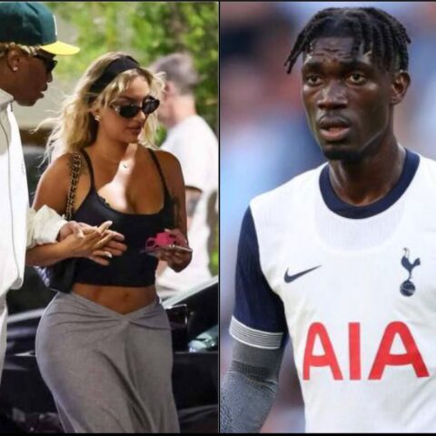 Left image shows a man in a white tracksuit and green cap walking with a woman wearing a black top and sunglasses; she holds a small pink item. Right image shows a footballer in a white training jersey with AIA logo, looking forward.